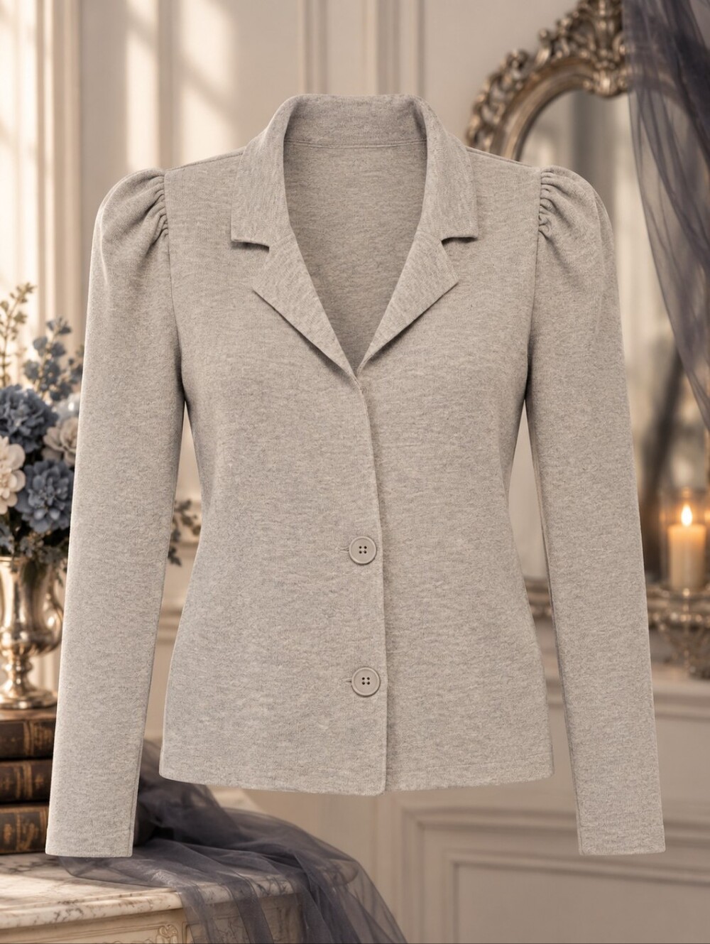Express Gray Knit Puff Sleeve Blazer Jacket Soft Stretch Career Office Size Med